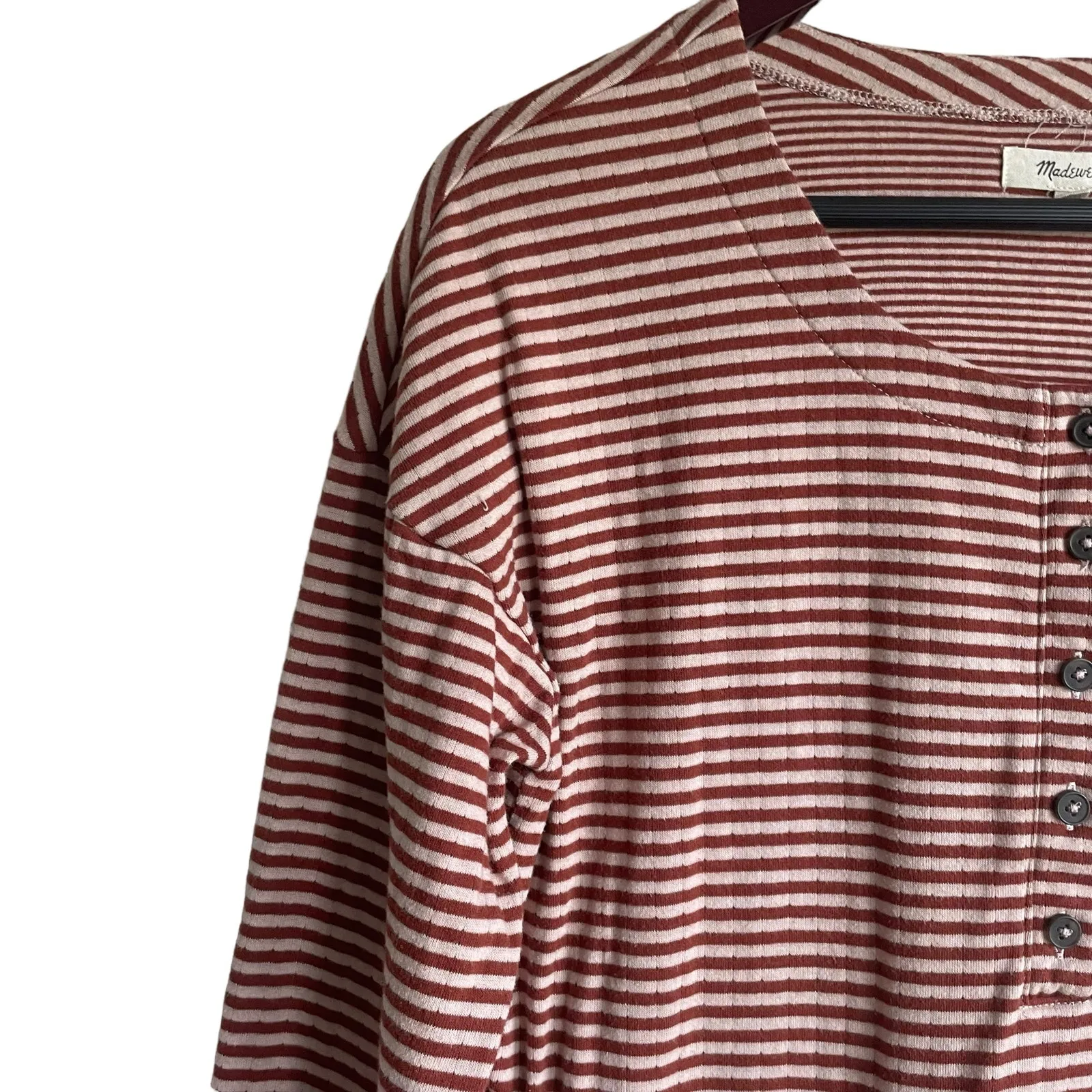Madewell Women Top S‎ Red Tan Striped 1/4 Button Popover Soft Rustic Western - Image 7