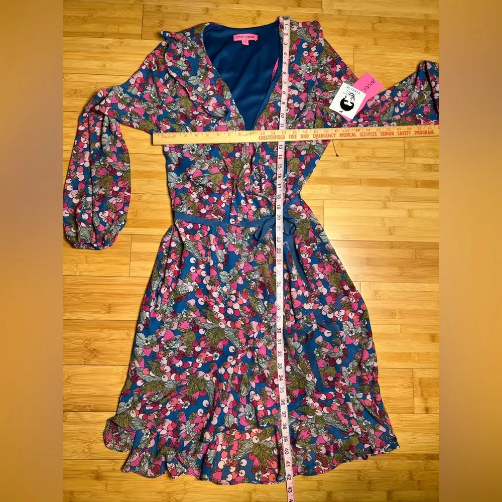 Betsey Johnson VTG Womens Fruit Cocktail Floral Ruffle Chiffon Wrap Dress|Sz:14 - Image 2