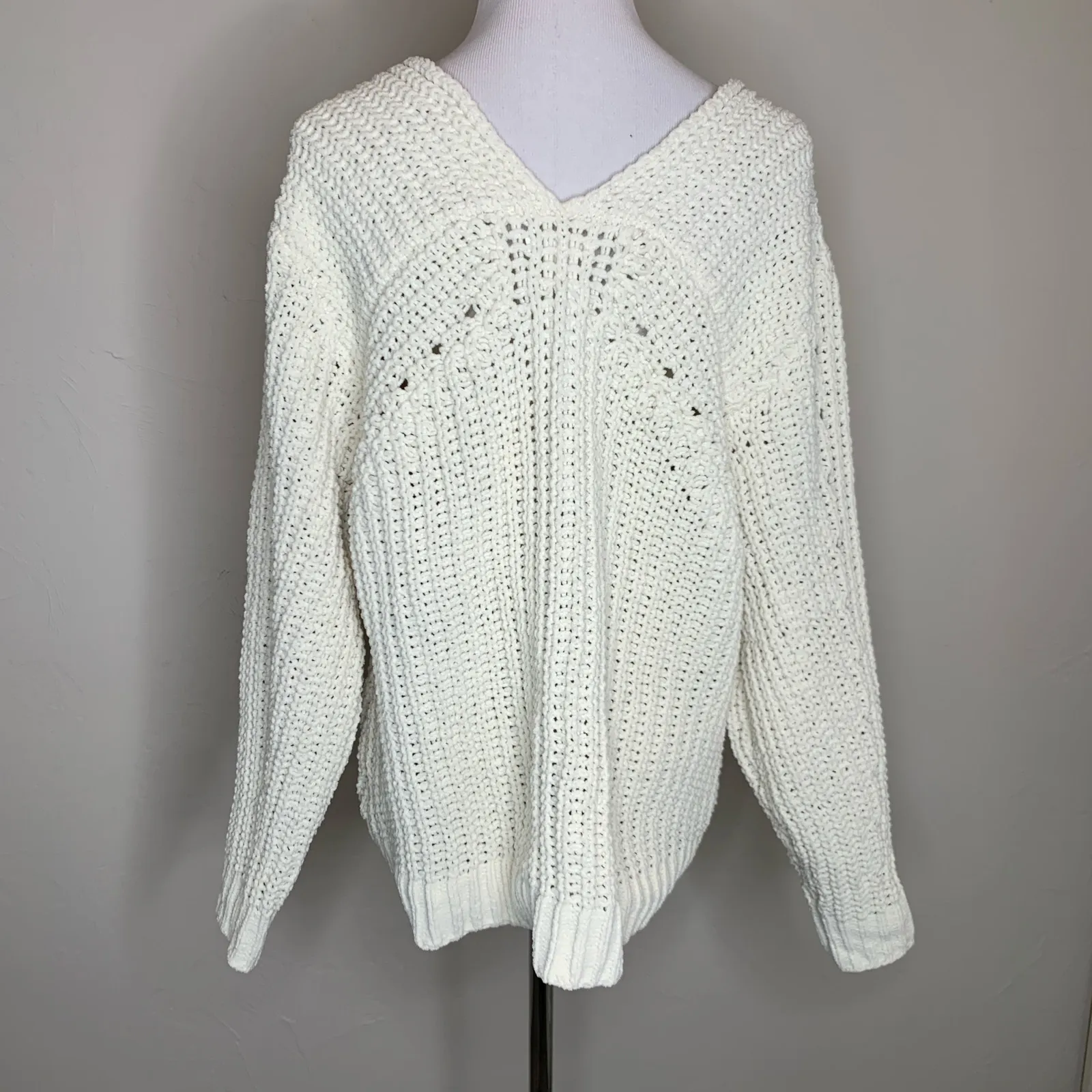 Oversized Wide Neck Chenille Cream Sweater Small - Image 2