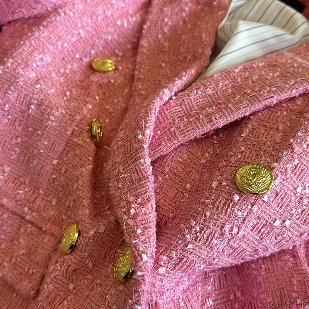 NWOT Dolce Cabo Double Breasted Boucle Jacket Tweed Pink Size M - Image 11