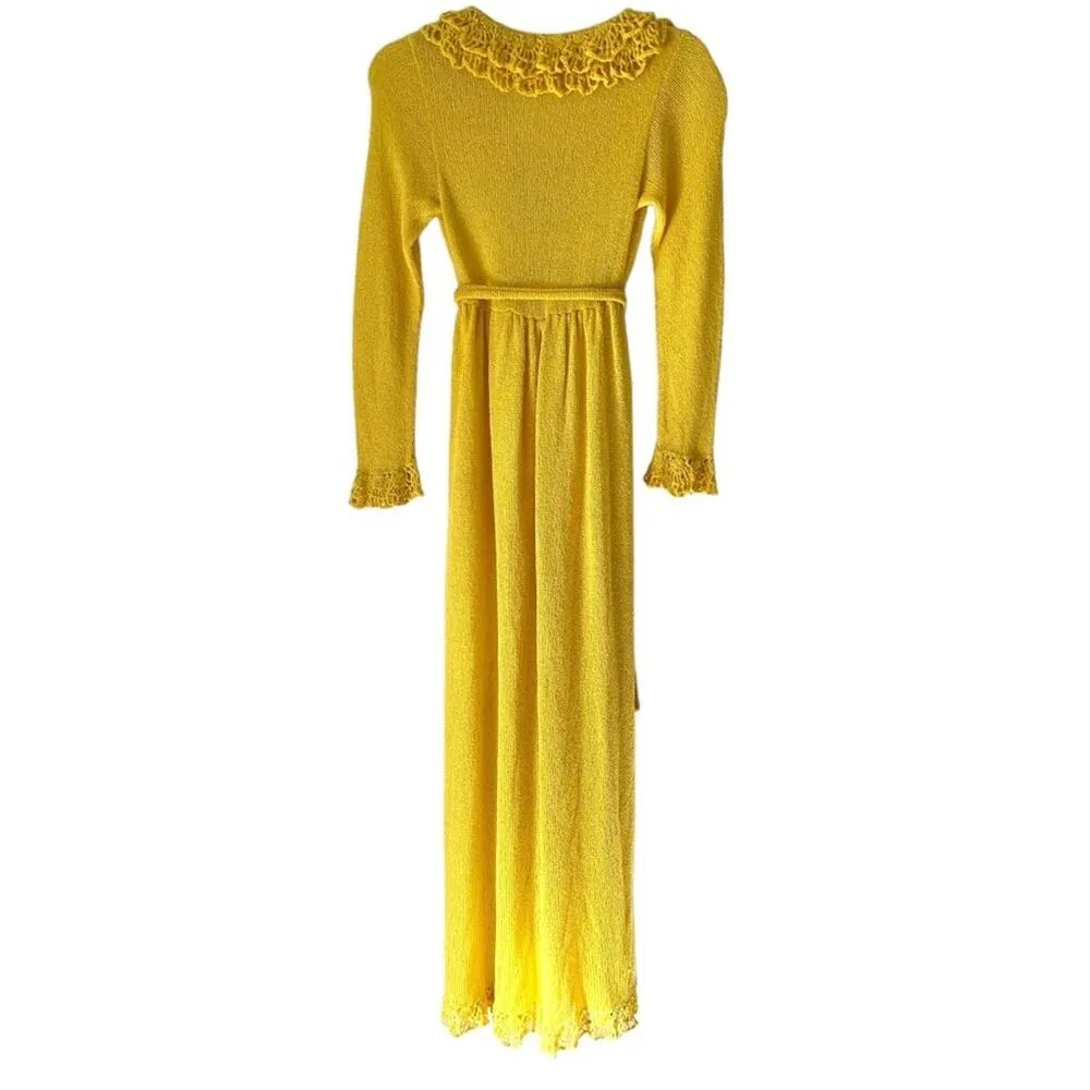 Saks Fifth Avenue Vintage Yellow Knit Crochet Disco 70s Maxi Dress Belted Small - Image 6