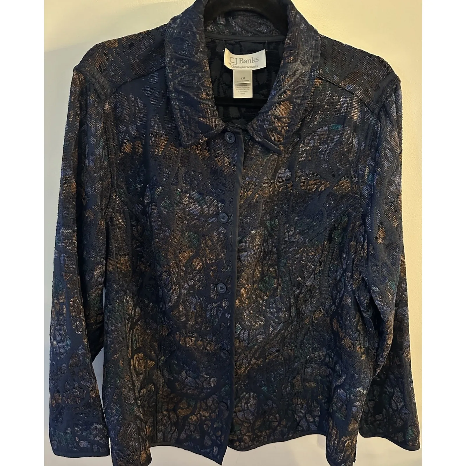 Tapestry Shirt Jacket CJ Banks Size 1X Button Up Blue Jewel Tones Abstract EUC - Image 5