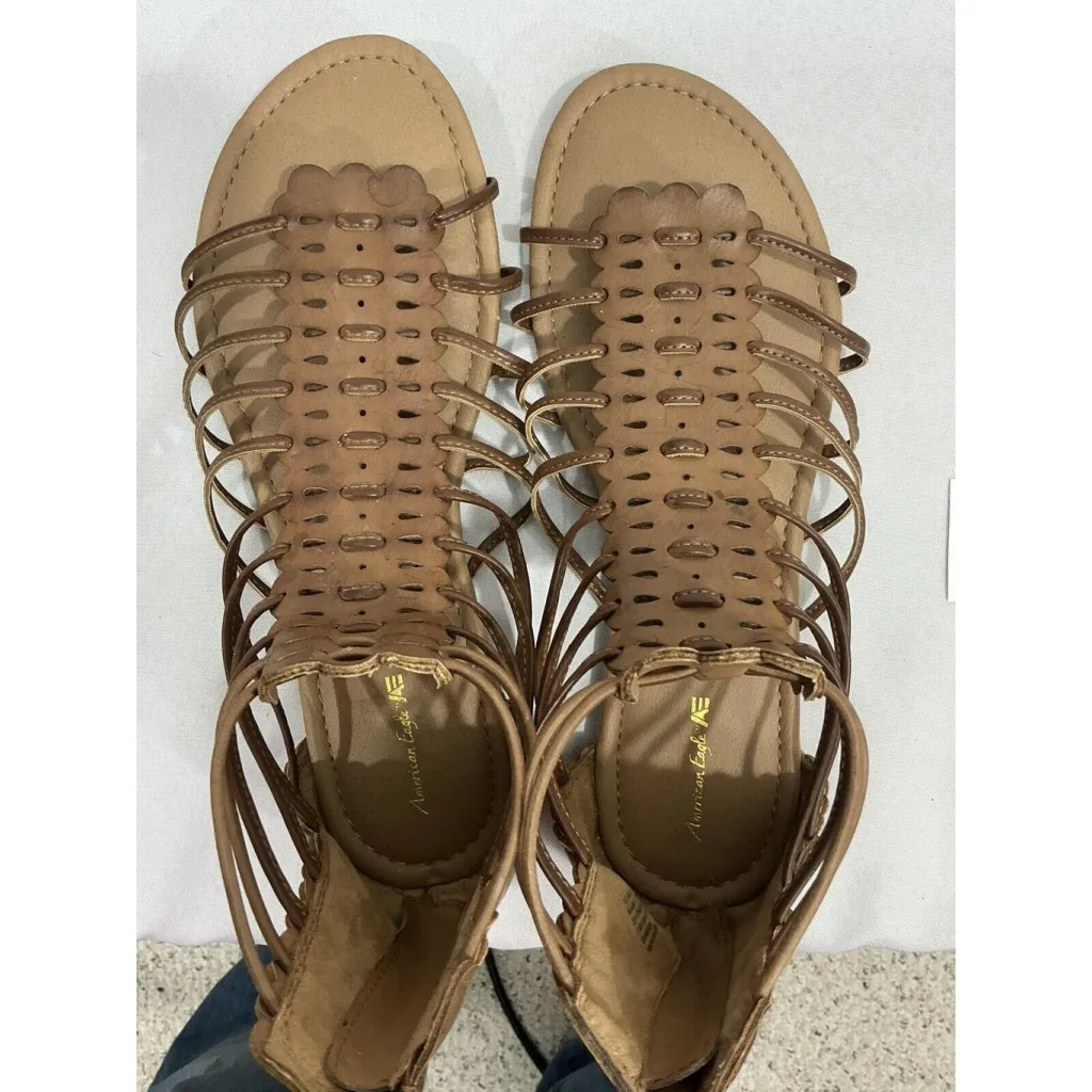 Womans American Eagle 6 Brown Strappy Zip Up Open Toe Flat Gladiator Sandals - Image 6