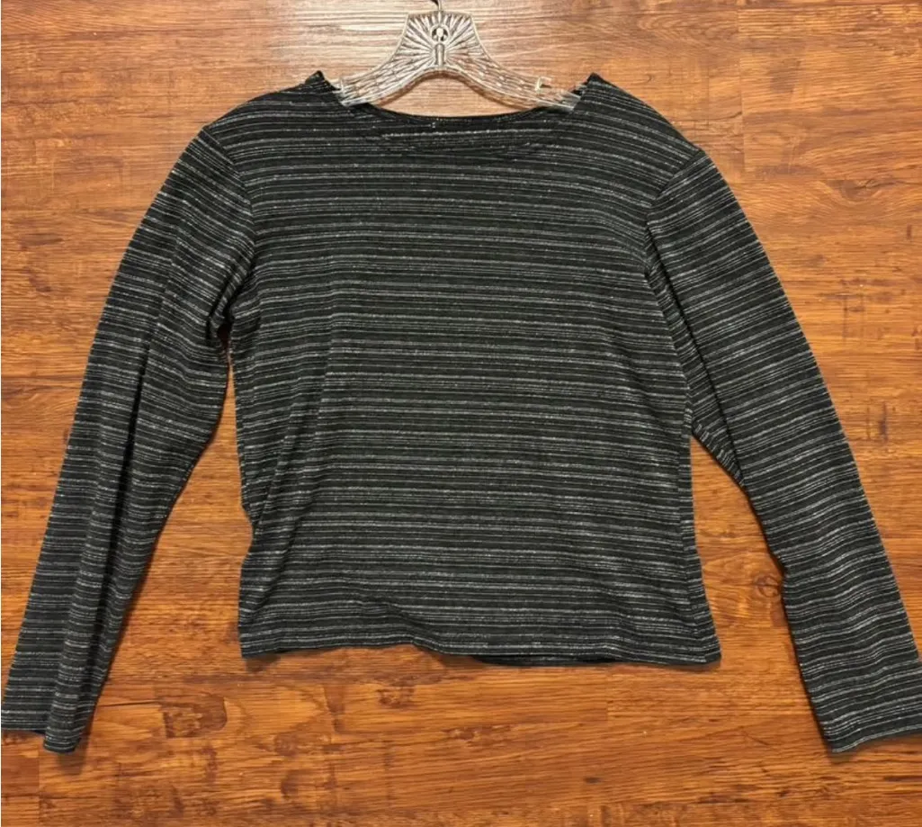 Fitted Black and Gray Long Sleeve Sparkly Striped Top Size M - Image 1