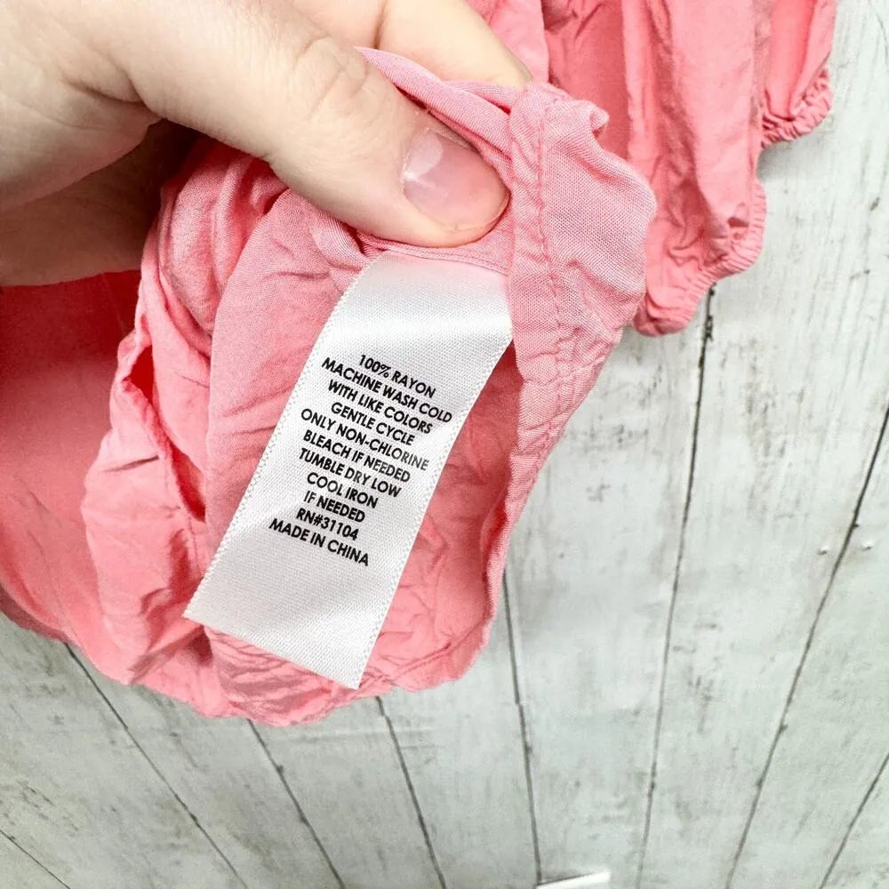 Crown & Ivy Blouse Women Size M Pink Puff Sleeve Deep V Neck Business Casual - Image 3