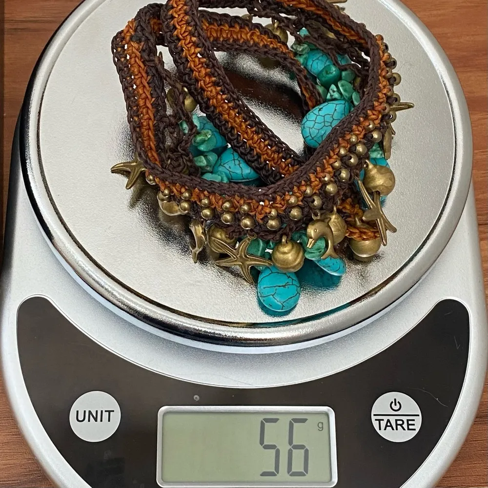 Unsigned Faux Turquoise Starfish Dolphin Beach Theme Crocheted Bohemian Necklace Blue - Image 6