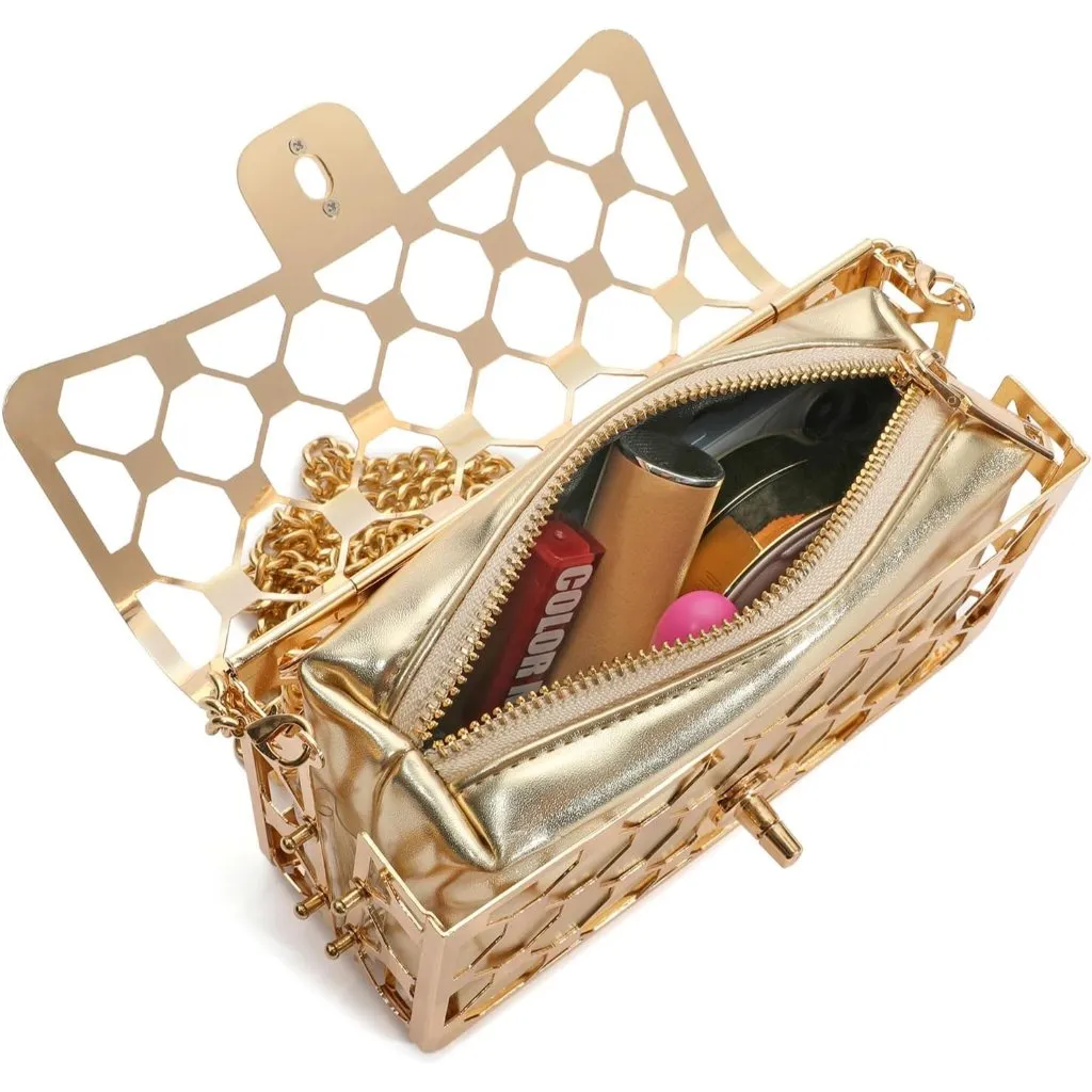 ⚡ Women's Gold Evening Elegant Exquisite Metal Hollow Clutch Crossbody Handbag - Image 4