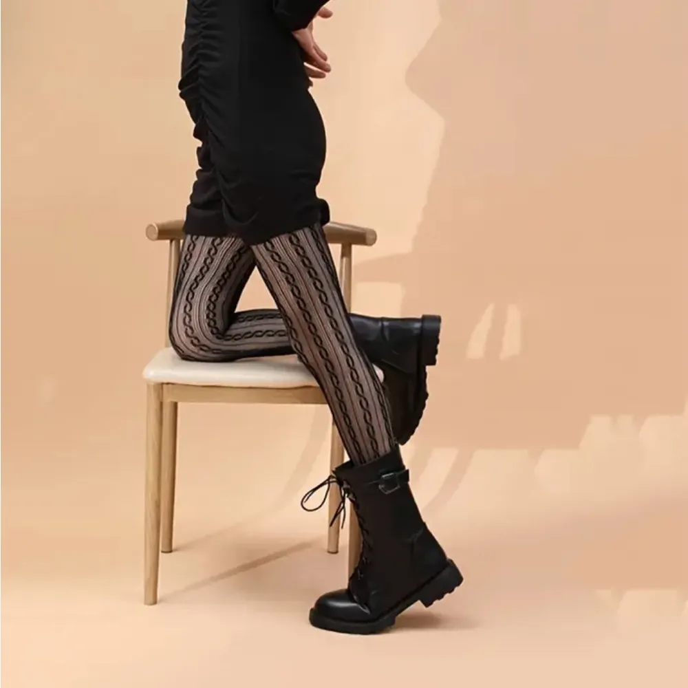 Twist Pattern Black Pantyhose, Sexy Slim Fit Footed Pantyhose‎ One Size - Image 12