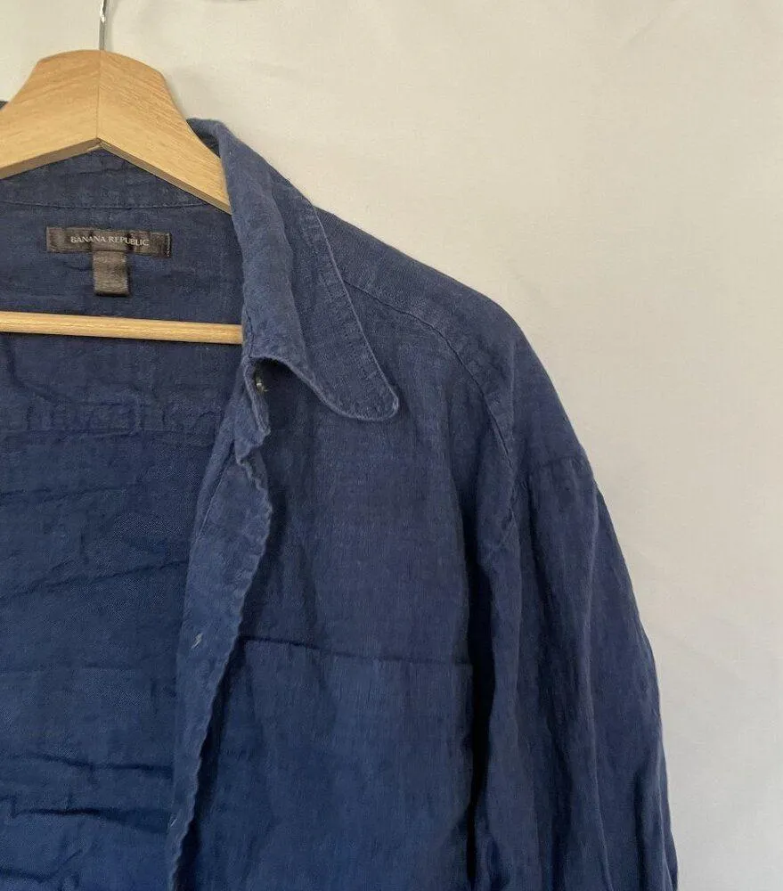 Banana Republic linen dark blue button down long sleeved shirt women's size L - Image 2