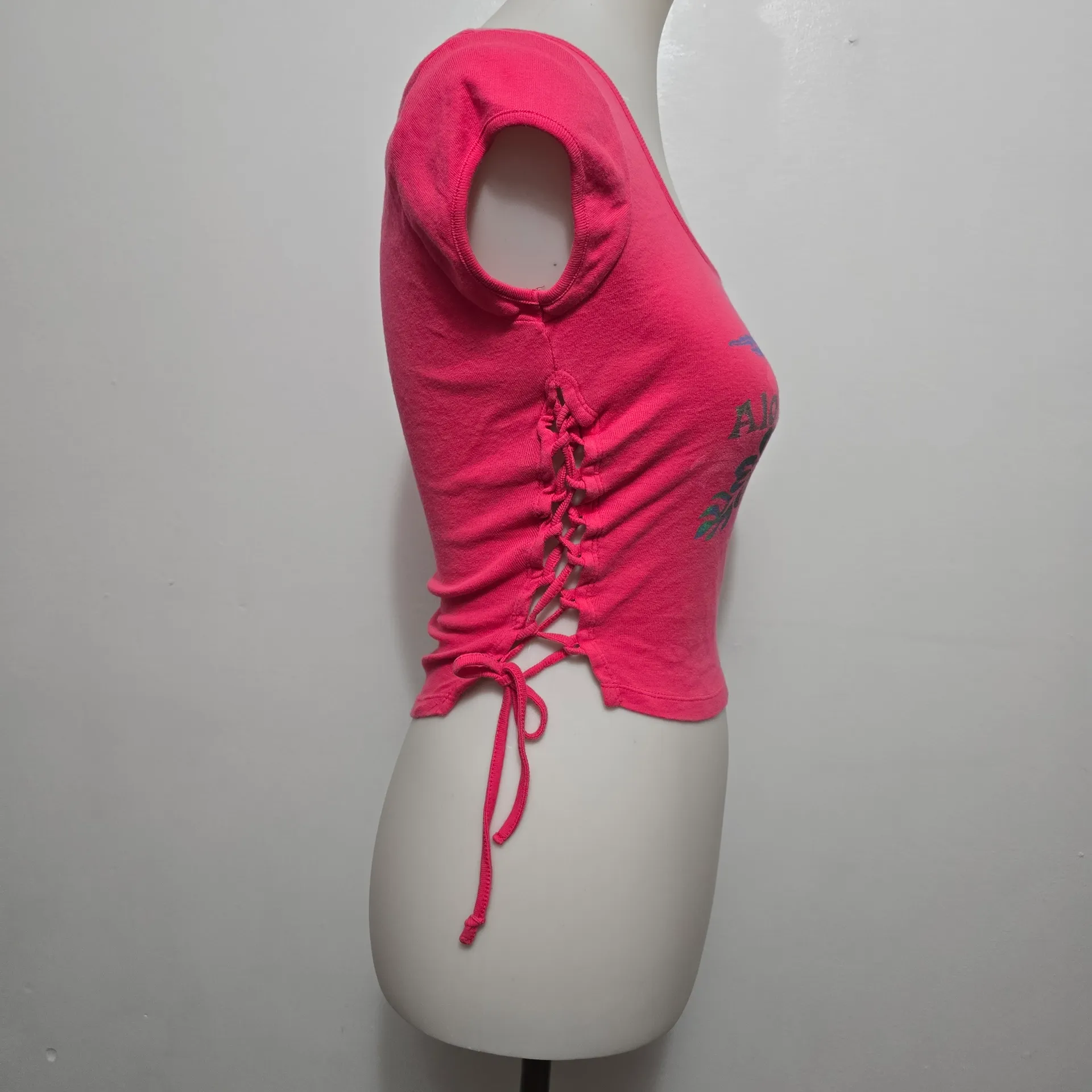 DKNY Jeans Y2K Crop Top - Size Small  Cotton Lace-Up Sides Beach Surfer Tropical - Image 4