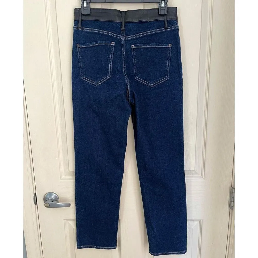Express High Waisted Faux Leather Waistband Rinse Straight Ankle Jeans - 2R - Image 4