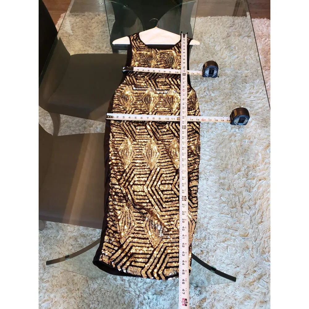 K Too Long Maxi Dress Womens Large Black Gold Sequin Sleeveless Round Neck - Image 7
