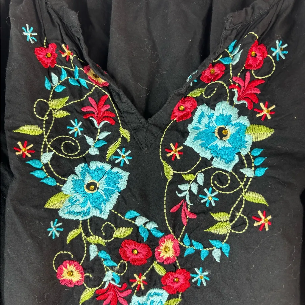 Panhandle Slim M Mexican Peasant Cotton Black Blouse with Floral Embroidery Size M - Image 2