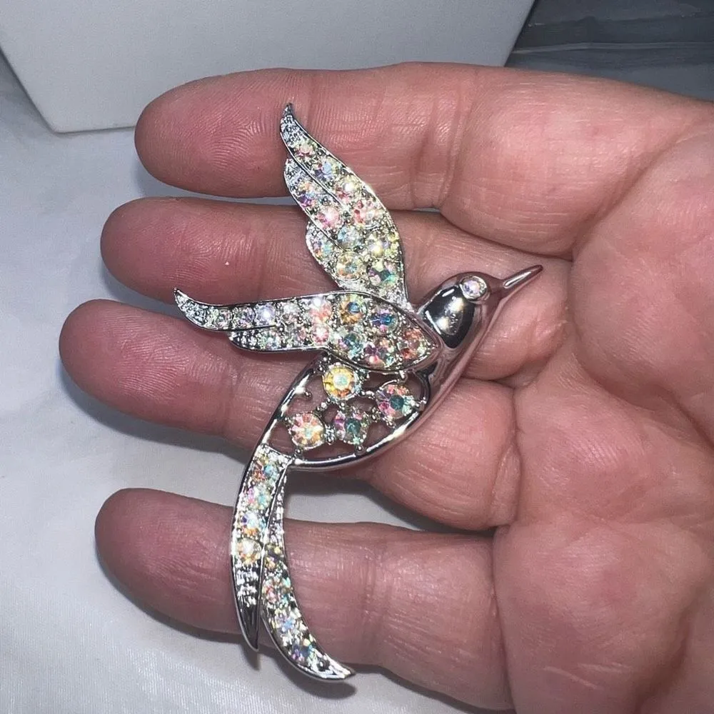Sarah Coventry Vintage Signed MCM Bird of Paradise Aurora Borealis Rhinestone Br Silver - Image 3