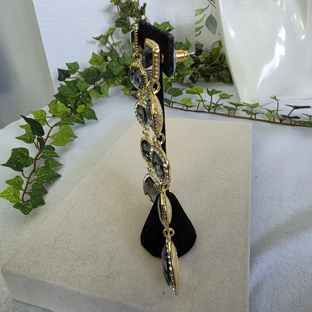 Statement Long Glam Earrimgs Gold with Smokey Grey - Image 6