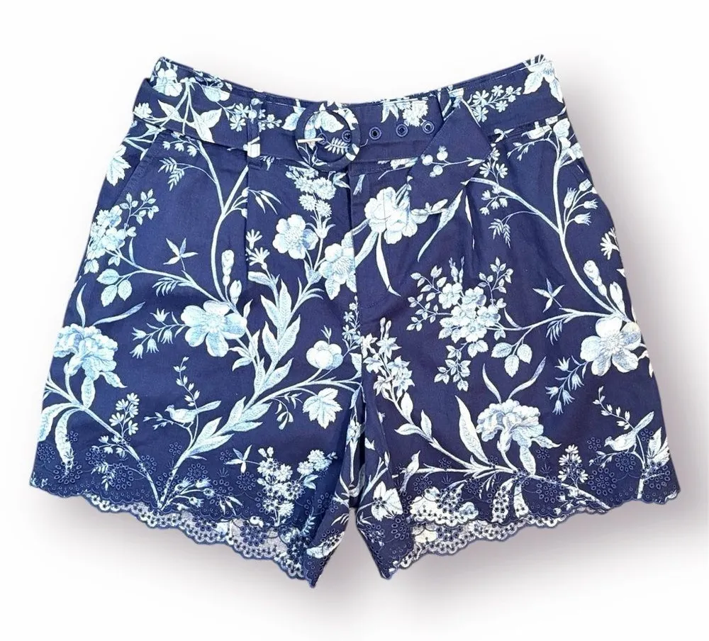 Laura Ashley Branch Toile Blue Cotton Navy Blue and White Floral Linen Shorts 8 - Image 1