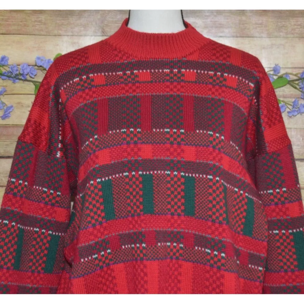 Top Notch Knits Unisex XL Red Green Heavy Knit 100% Wool Sweater Made In USA - Image 2