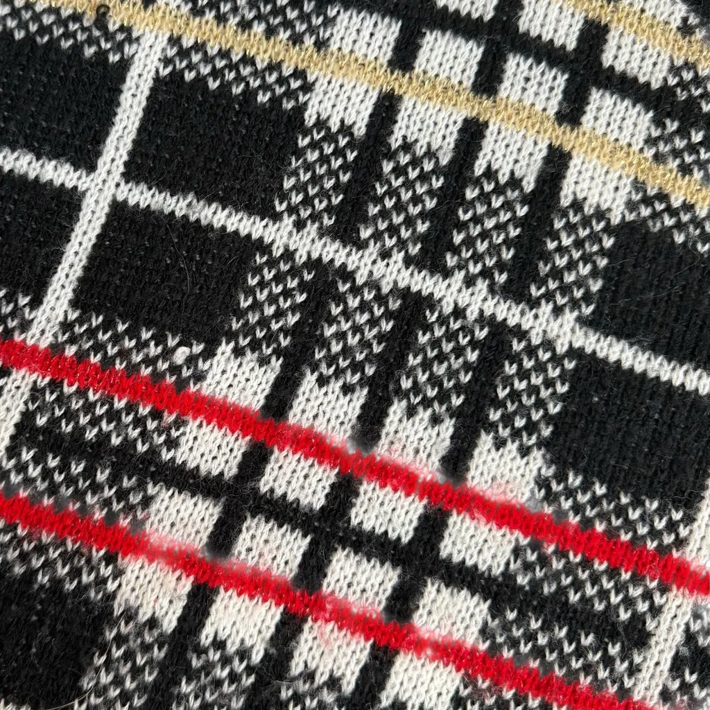 Vintage Windowpane Plaid Grandpa Sweater Black Red Gold Sparkle Eclectic Size L Size L - Image 4
