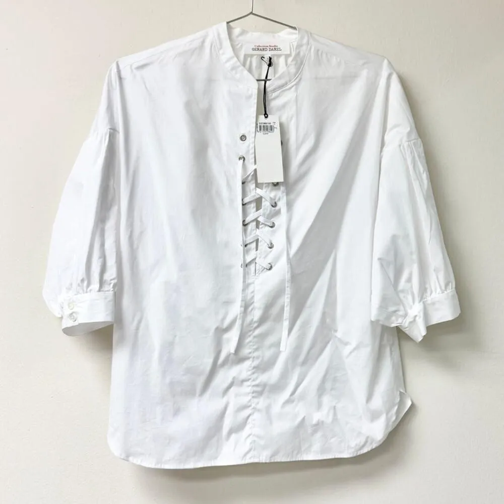 NWT Gerald Darel Alania 3/4 Sleeve Lace Up Blouse Plain White Womens Size 1 / S - Image 2