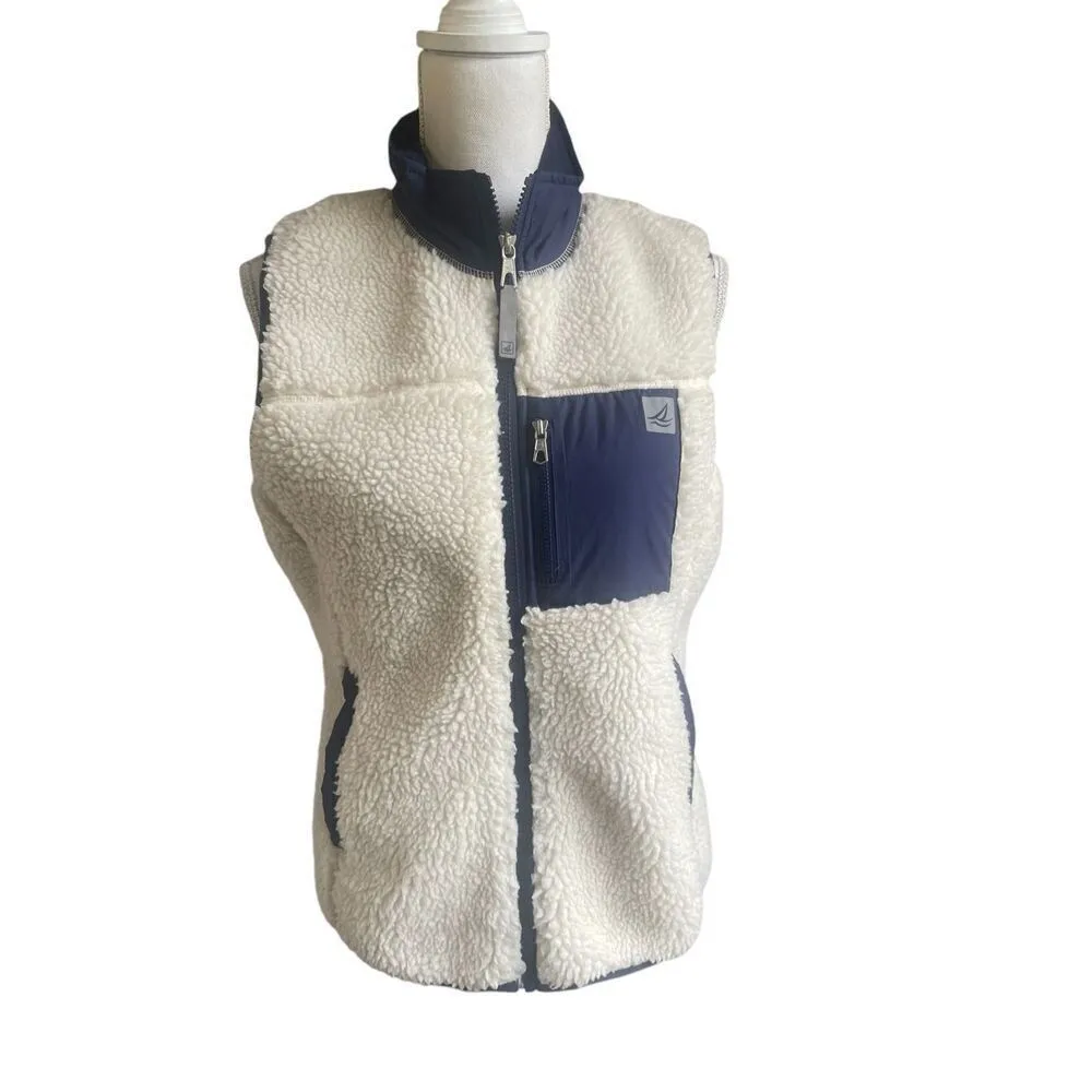 COPY - Sperry Topsider Full Zip Sherpa Fleece Vest Navy Tan Size M - Image 11
