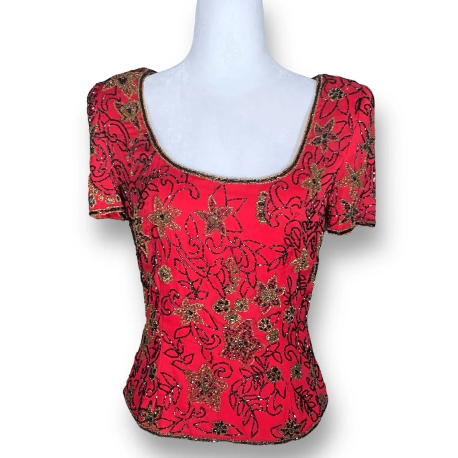 Vintage Papell Boutique Blouse Red Black Silk Embellished Metallic Floral Design - Image 10