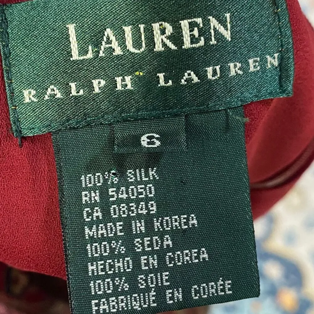 Vintage 90s Ralph Lauren Silk Paisley Knee Length Dress Faux Wrap Red Green S - Image 7