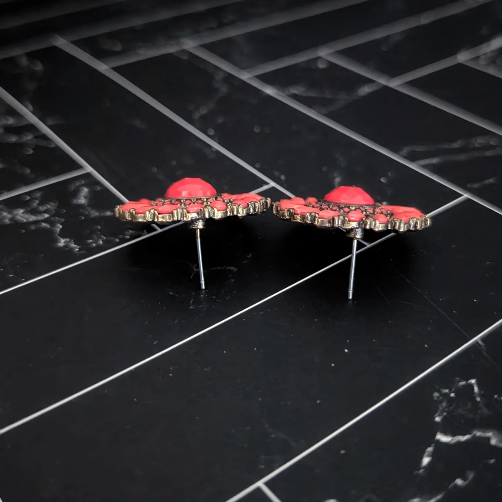 Vintage Stud Earrings Large Red and Dark Tones Statement Circle Earrings - Image 3