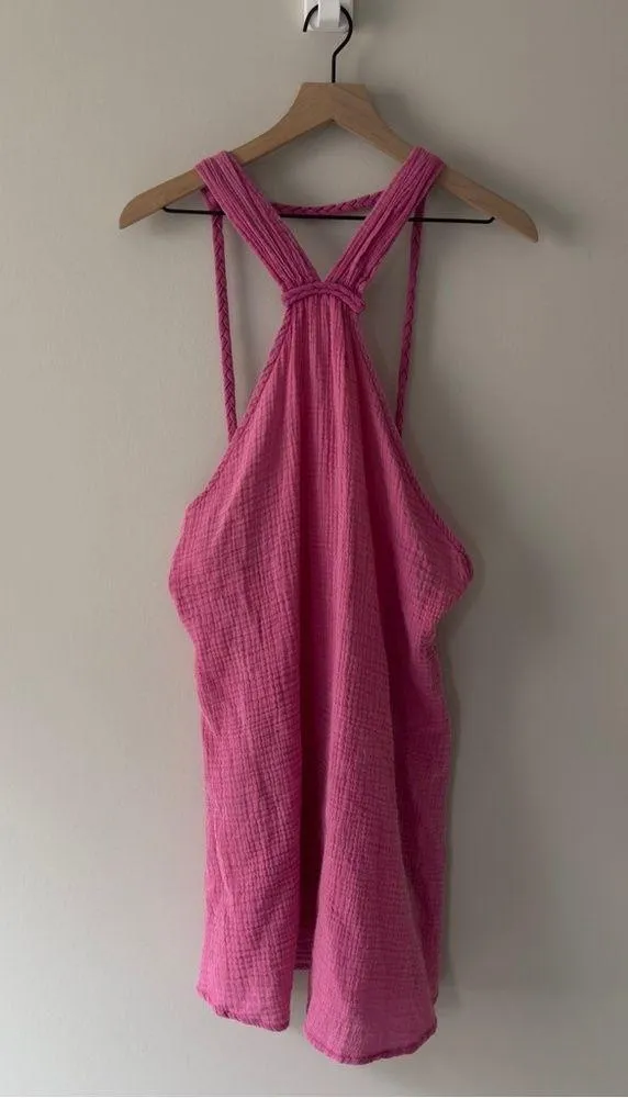 Anthropologie Pink gauze fabric braided strap mini dress halter 100% cotton NWT - Image 3