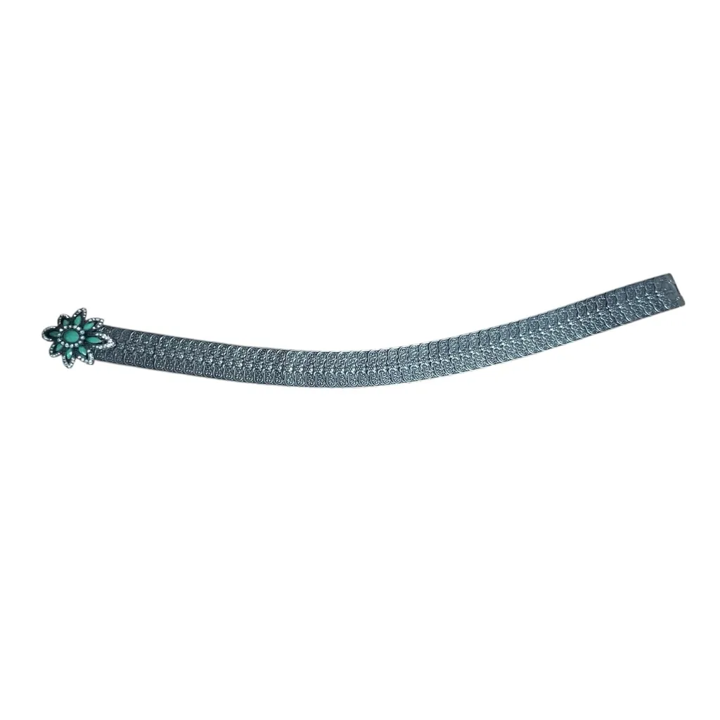 VTG 2000s Metal Stretch Statement Belt Rhinestone Flower Silver Tone Faux Jade - Image 7