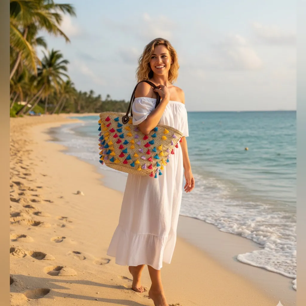 Soeur DU Marco straw tote travel beach bag neutral colorful tassles Tan - Image 2