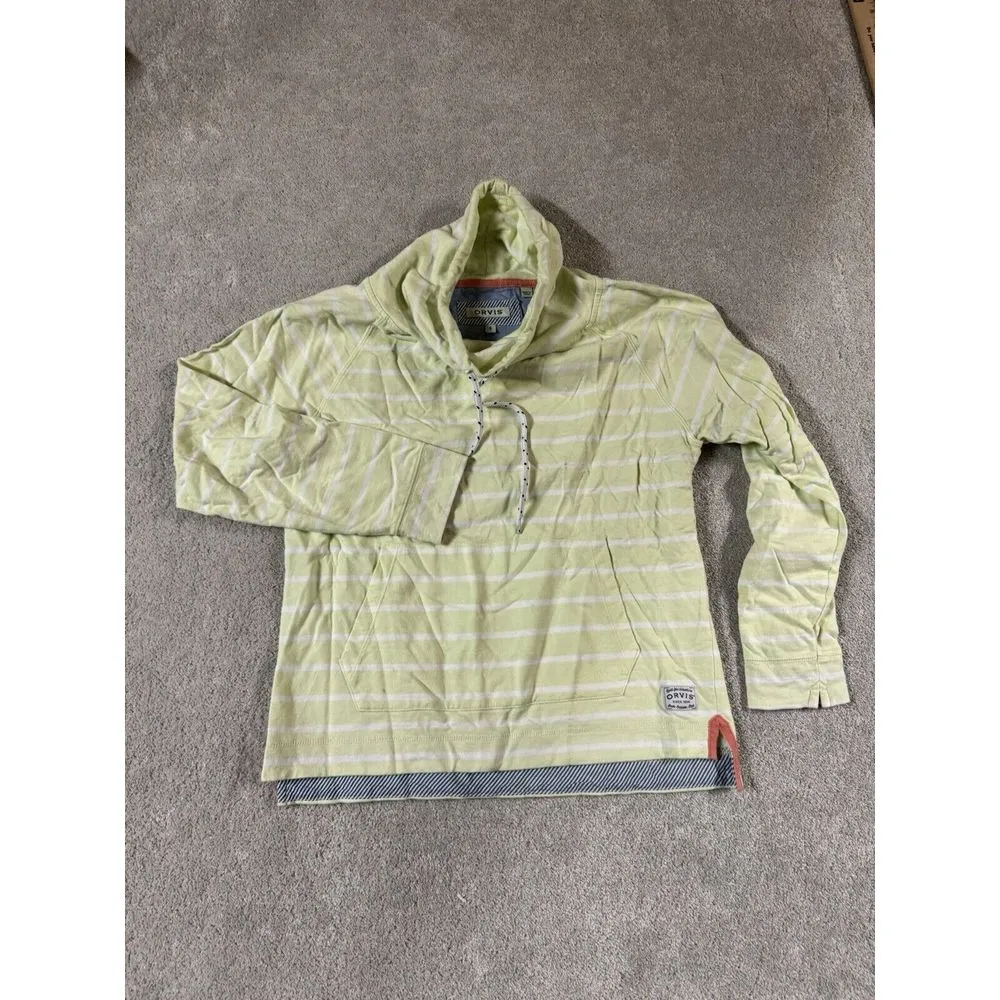 Orvis Women's Pima Modal Blend Small Green Stripe Hoodie Drawstrings Sweater - Image 5