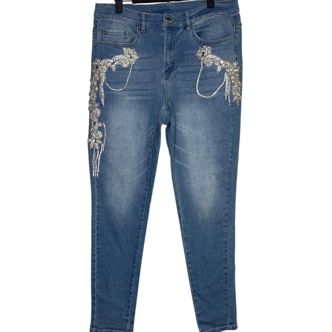Venus Vintage Floral Rhinestone Pearl Embellished Slim Leg Mid Rise Jean 12 Blue - Image 13