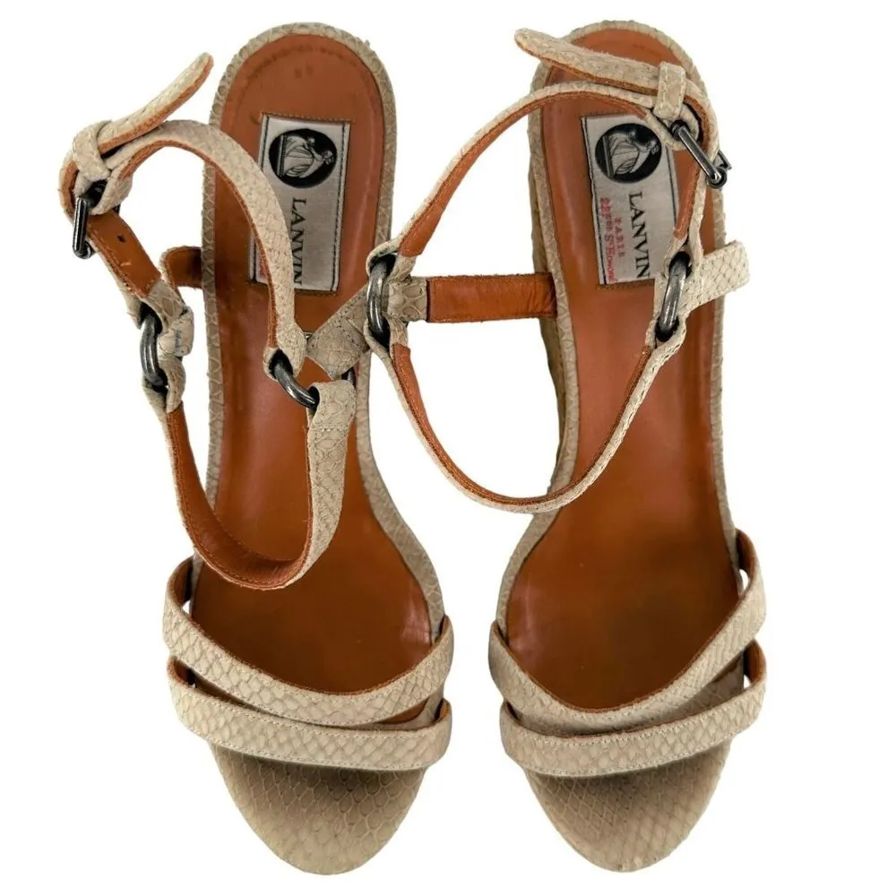LANVIN Beige Textured Leather Ankle Strap Espadrille Wedge Heel Sandals Size 40 Tan - Image 4
