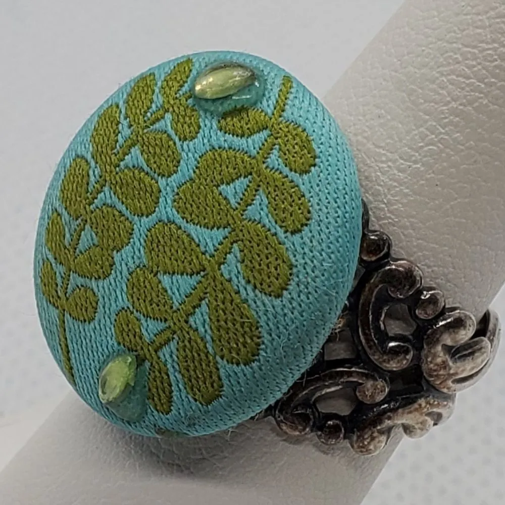 Vintage Blue & Green Floral Button Ring - Image 2