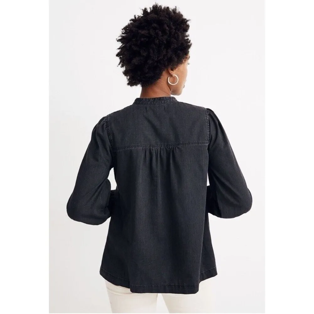 Madewell Denim Collarless Popover Shirt Faded Black Pleated Sleeves - Image 9