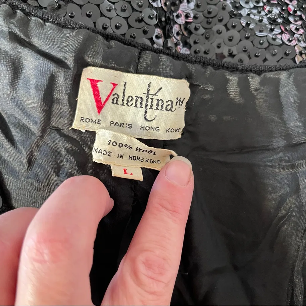 Vintage 1960s Valentina Black Sequin Vest Beaded Embellished Wool Cocktail Large - Image 6