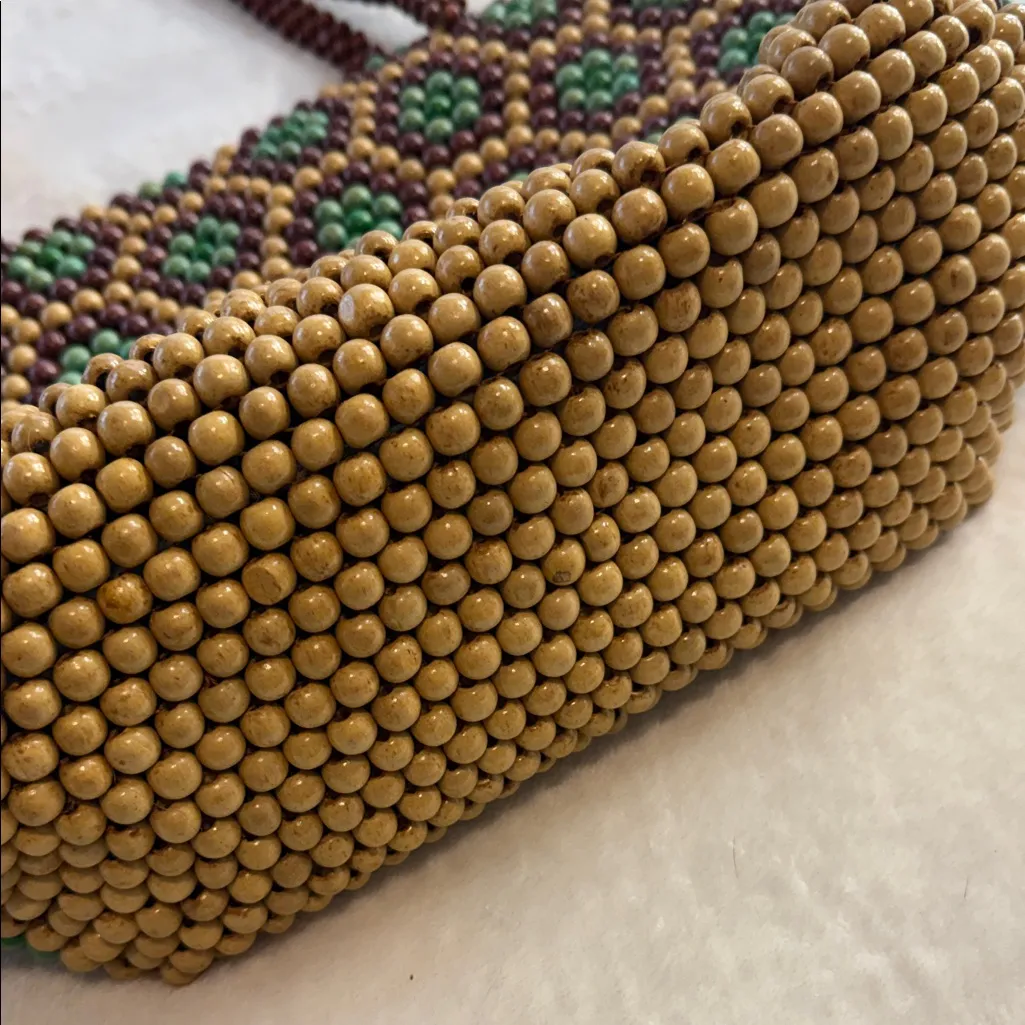 Vintage Brown and Green Earthy Wooden Beaded Statement Retro Tote Bag - Image 5