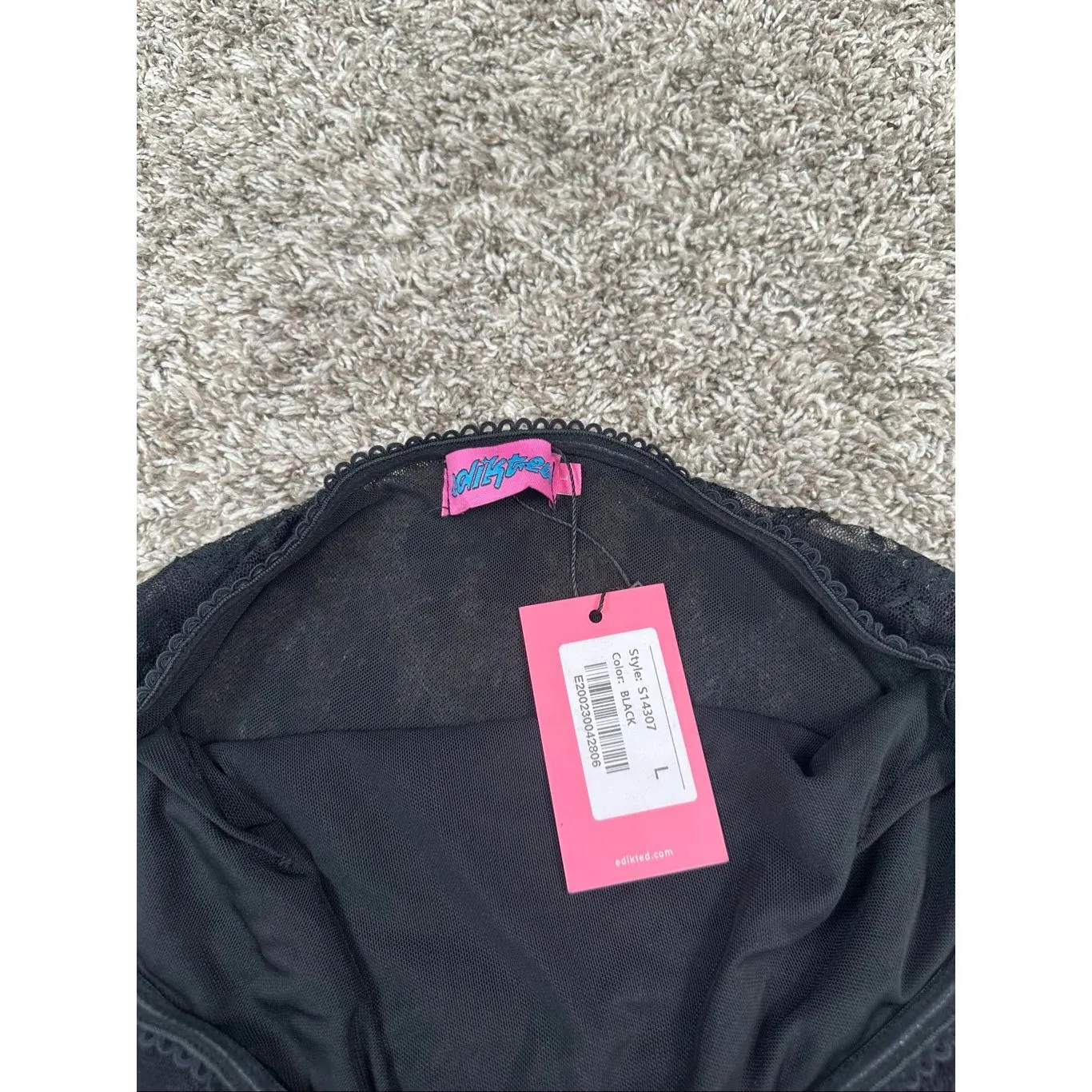 NWT edikted Alina Sheer Lace Bodysuit Black Strapless Sheer High Cut Size L - Image 4