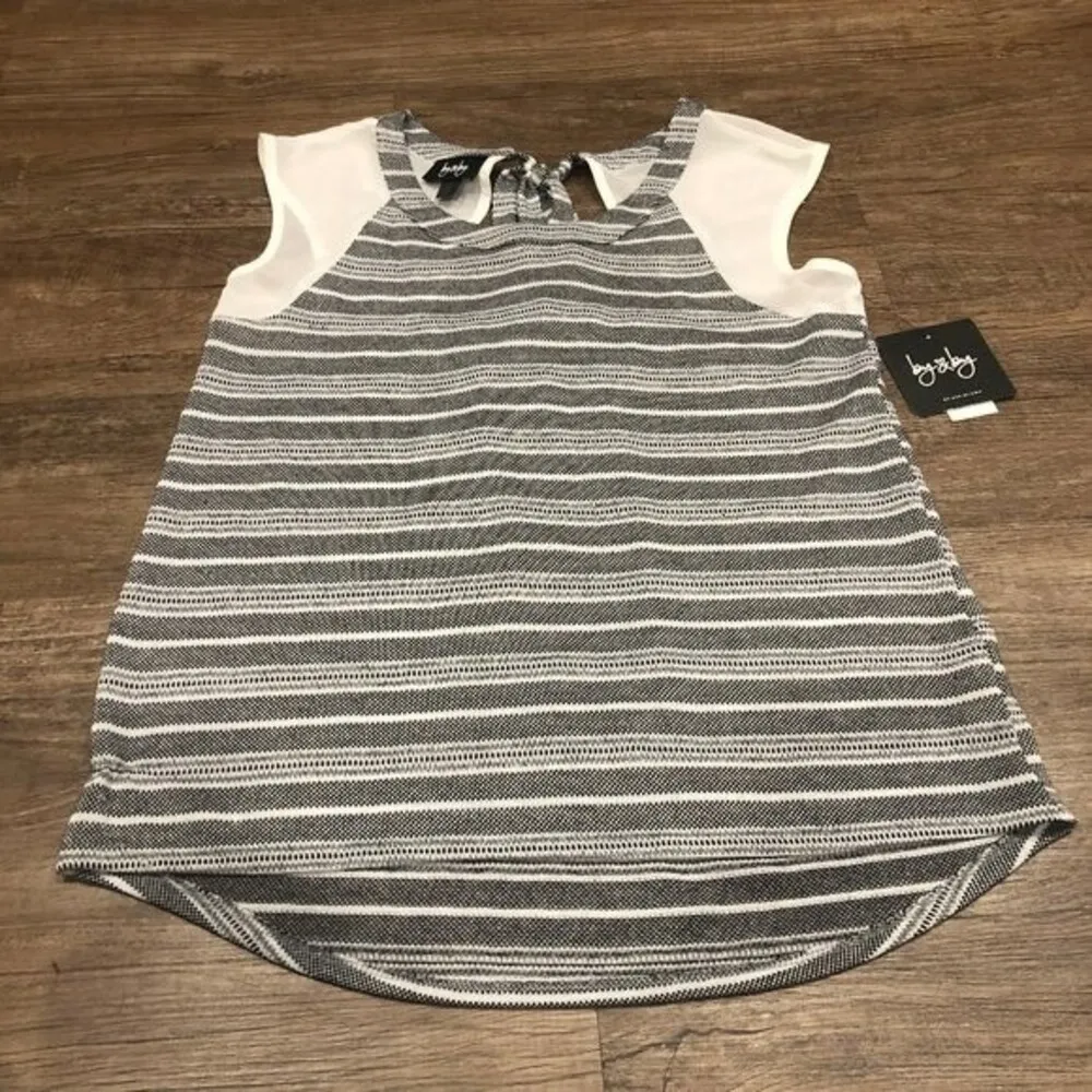 By & By Crew Neck Knit Blouse Sheer Cap Sleeves S SM Small Black White Grey Tie - Image 3