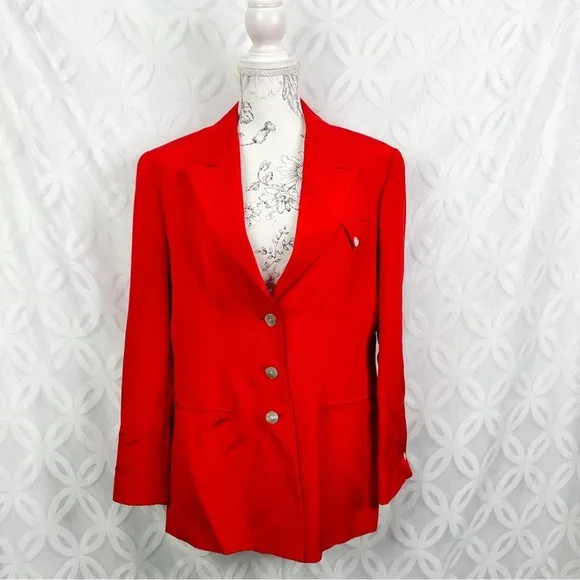 Vintage 80s Neiman Marcus Red Silk Blazer Jacket Women's Size 10 Single Breasted - Image 3
