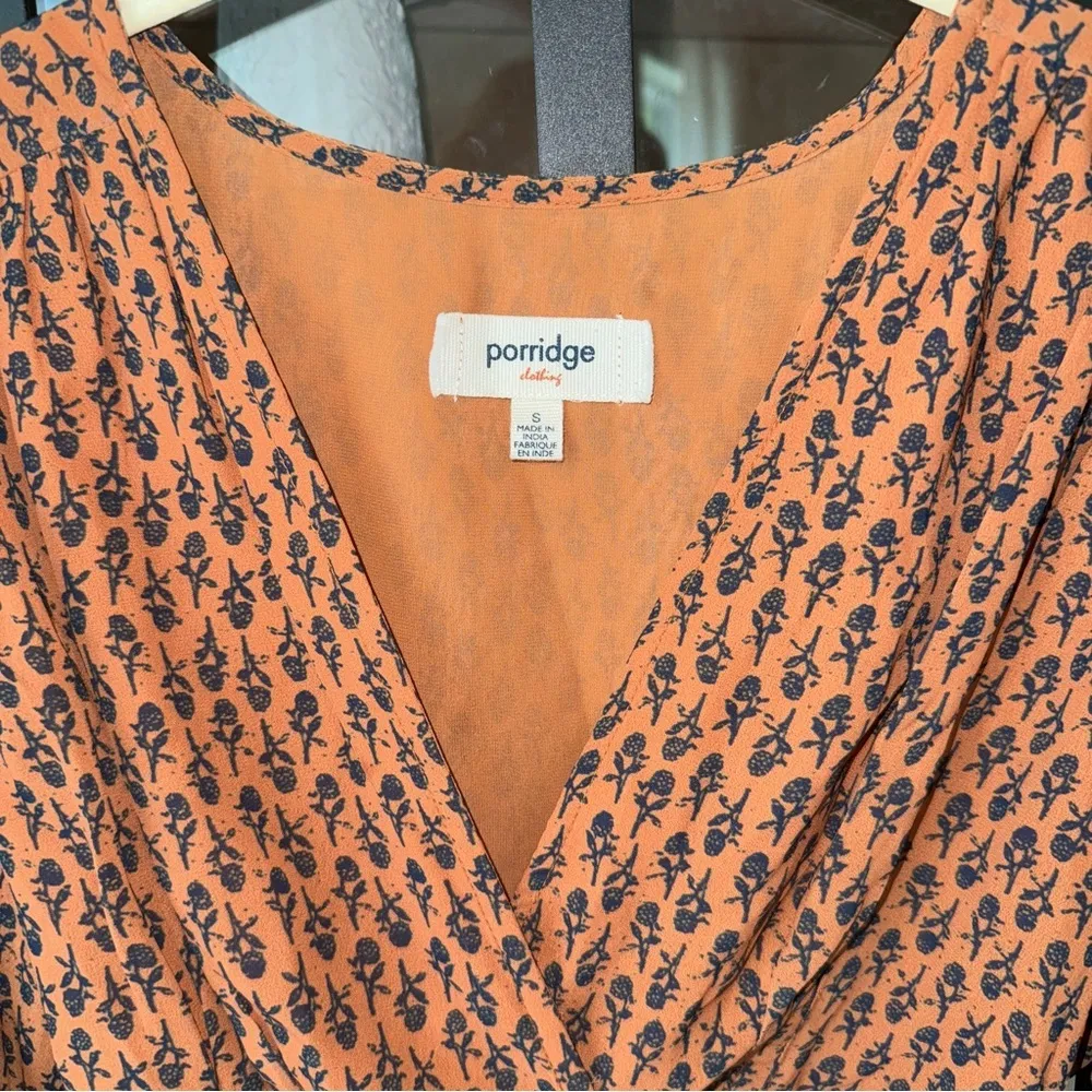 Porridge Block print blouse top wrap side tie long sleeve rust floral babydoll Brown - Image 2