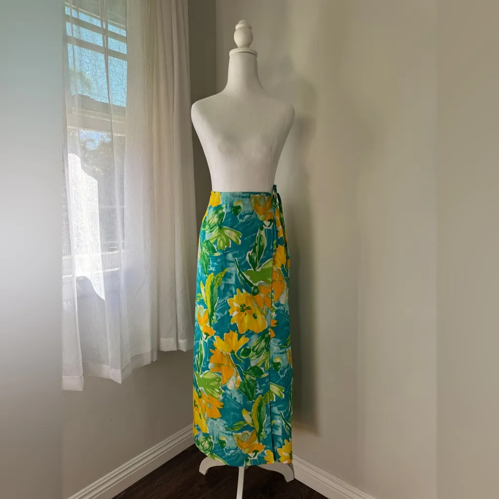 Vintage Y2K Rafael Gold, Green & Blue Floral Print Wrap Maxi Skirt Gold Size 14 - Image 2