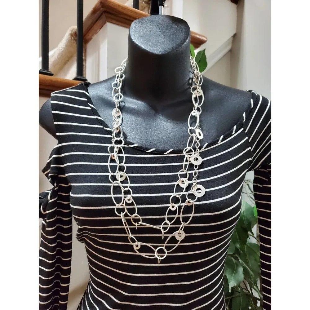 Torn by Ronny Kobo Off Shoulder Black Striped CutOut Sleeve Knee Length Dress XS - Image 2