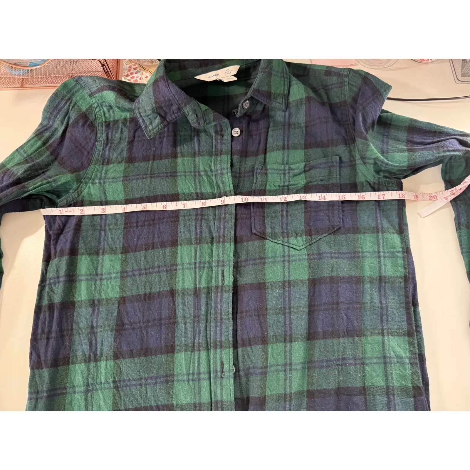Old Navy Women's Green Navy Plaid Classic Fit Long Sleeve Button Up Shirt Size S - Image 8
