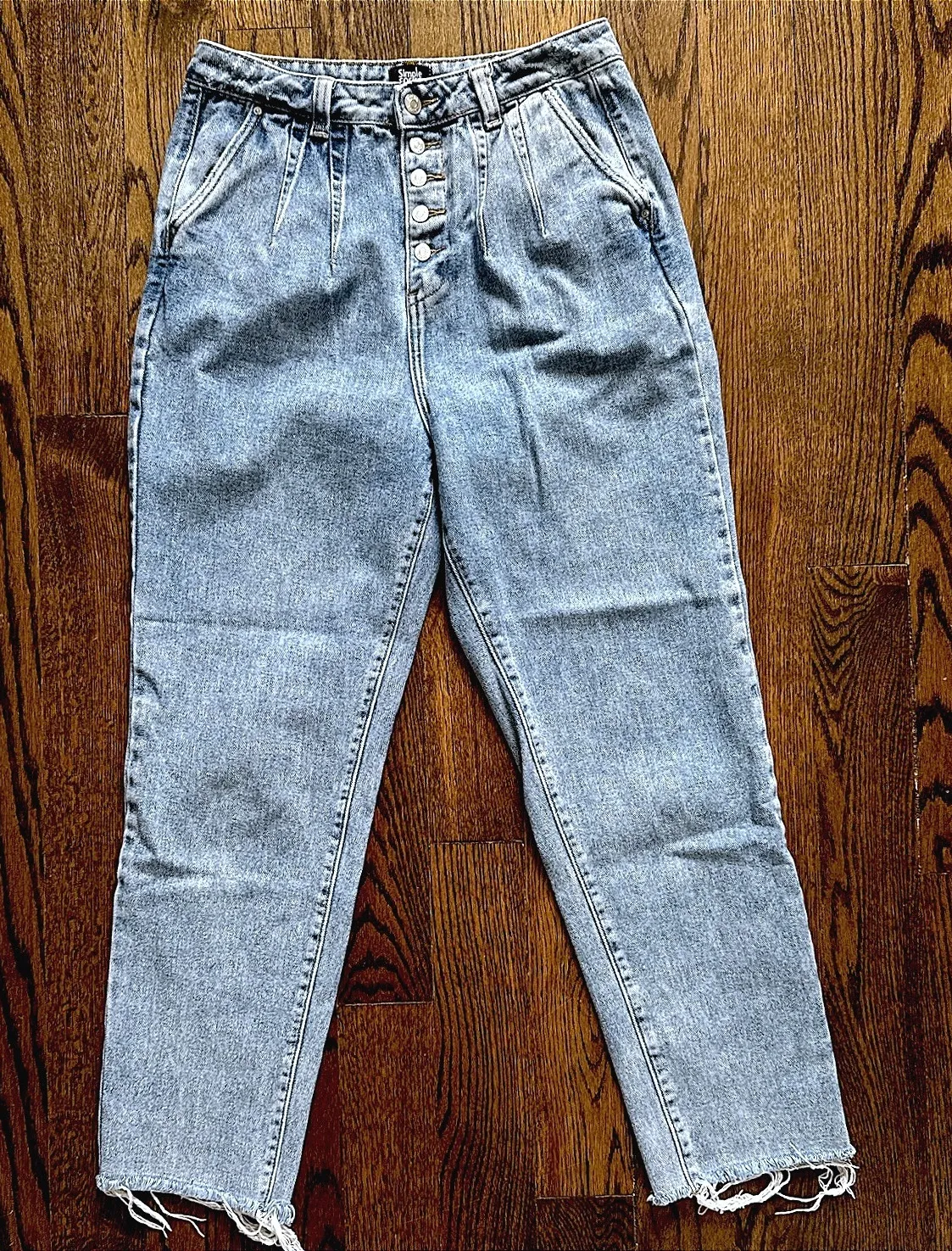 Simple Society Mom Jeans 7/28 High Waist Button Fly Distressed Hem Light Wash - Image 1