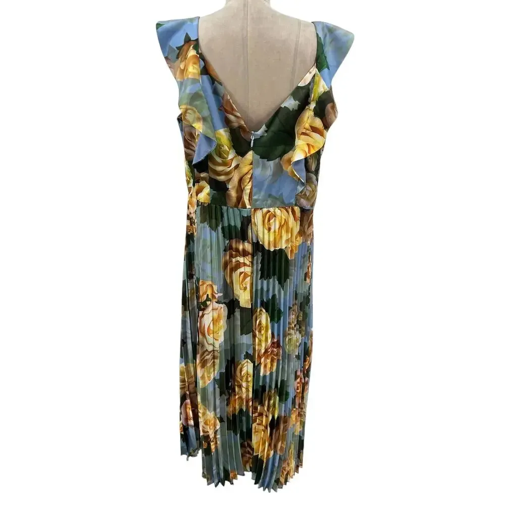 Chi Chi London Floral Print Ruffle Pleated Midi‎ Dress in Blue Curve US 16 - Image 11