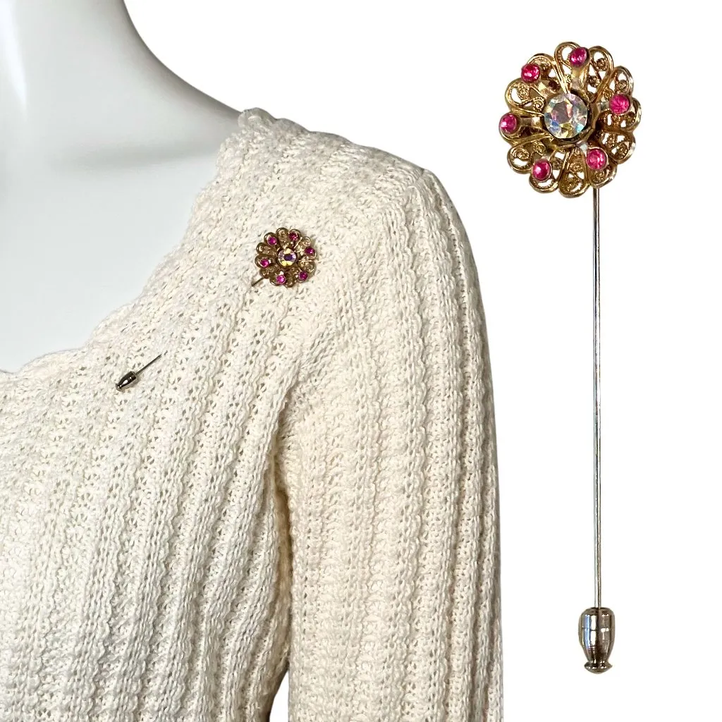 Vintage 60s Gold Tone AB Pink Rhinestone 3D Flower Stick Pin Retro Brooch 3.5” - Image 2