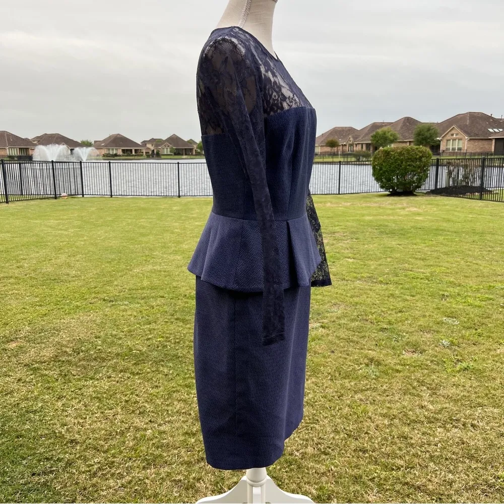 David Meister Blue Lace Long Sleeve Peplum Dress - Image 6