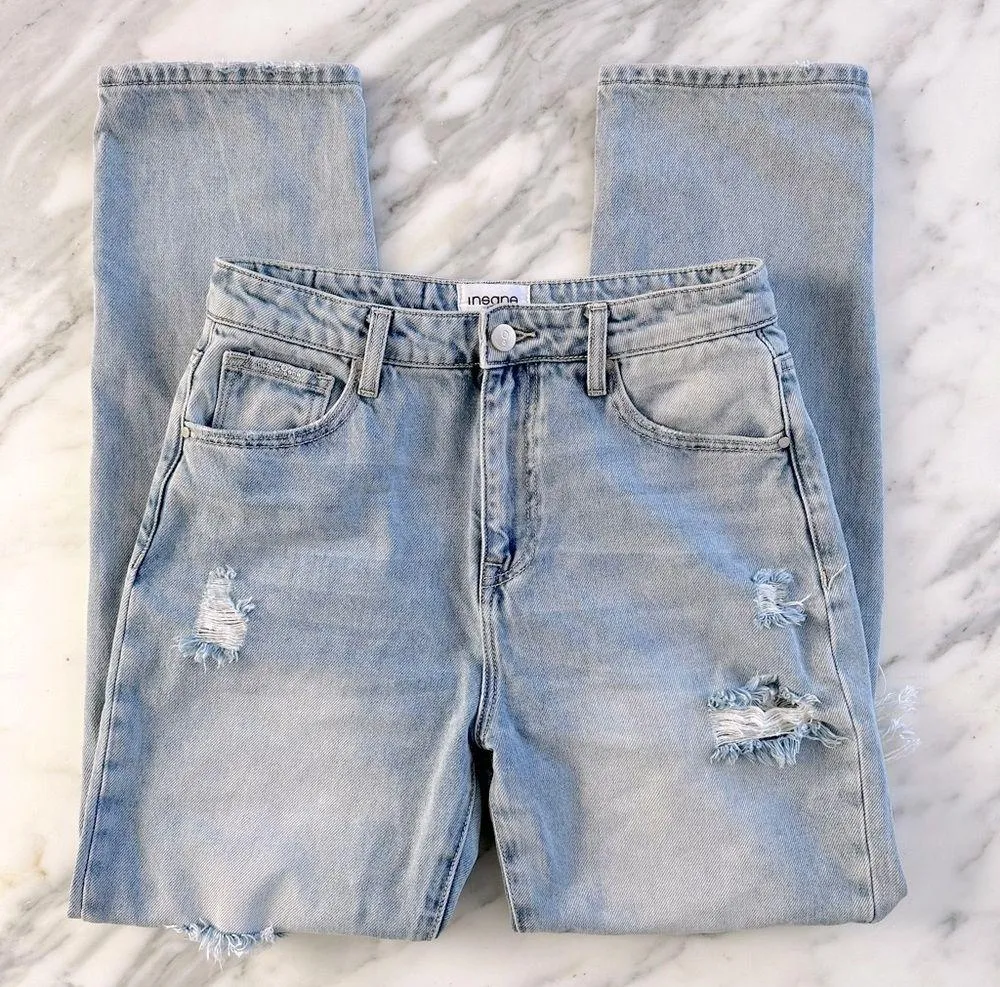 INSANE GENE High Rise Ripped Straight Jeans • Sz 25 Blue - Image 8