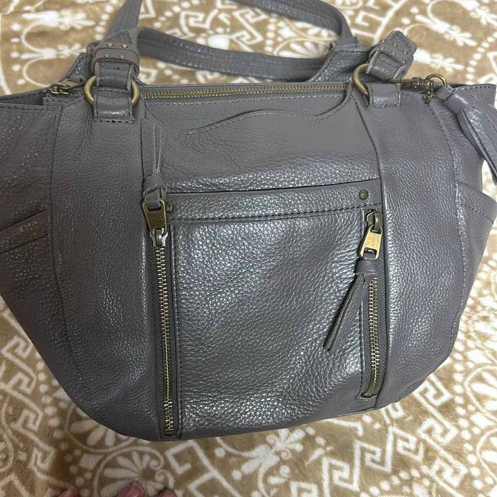 Grey 100% Leather Pebbled Double Handle Purse Handbag Some Pink Lining - Image 7